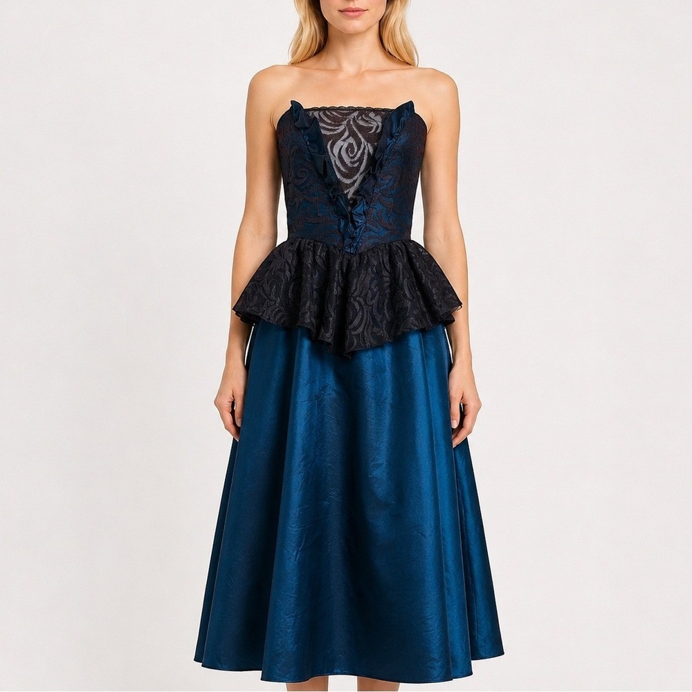 Vintage 80s Strapless Peplum‎ Ball Gown Black Lace Bodice Blue Whimsigoth Fairy